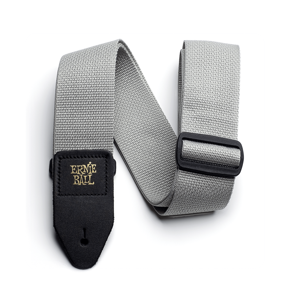 Grey Ernie Ball Polypro guitar strap with adjustable length and reinforced ends, designed for comfortable and secure instrument support.