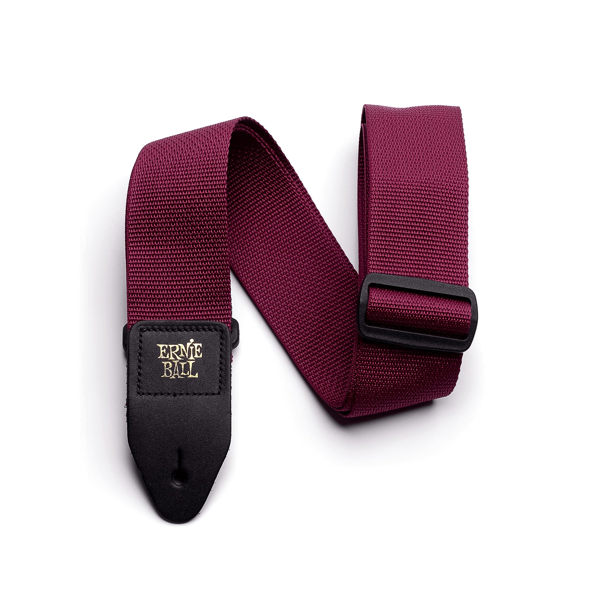 Ernie Ball Polypro guitar strap in burgundy, featuring adjustable length and padded design for comfortable playing.