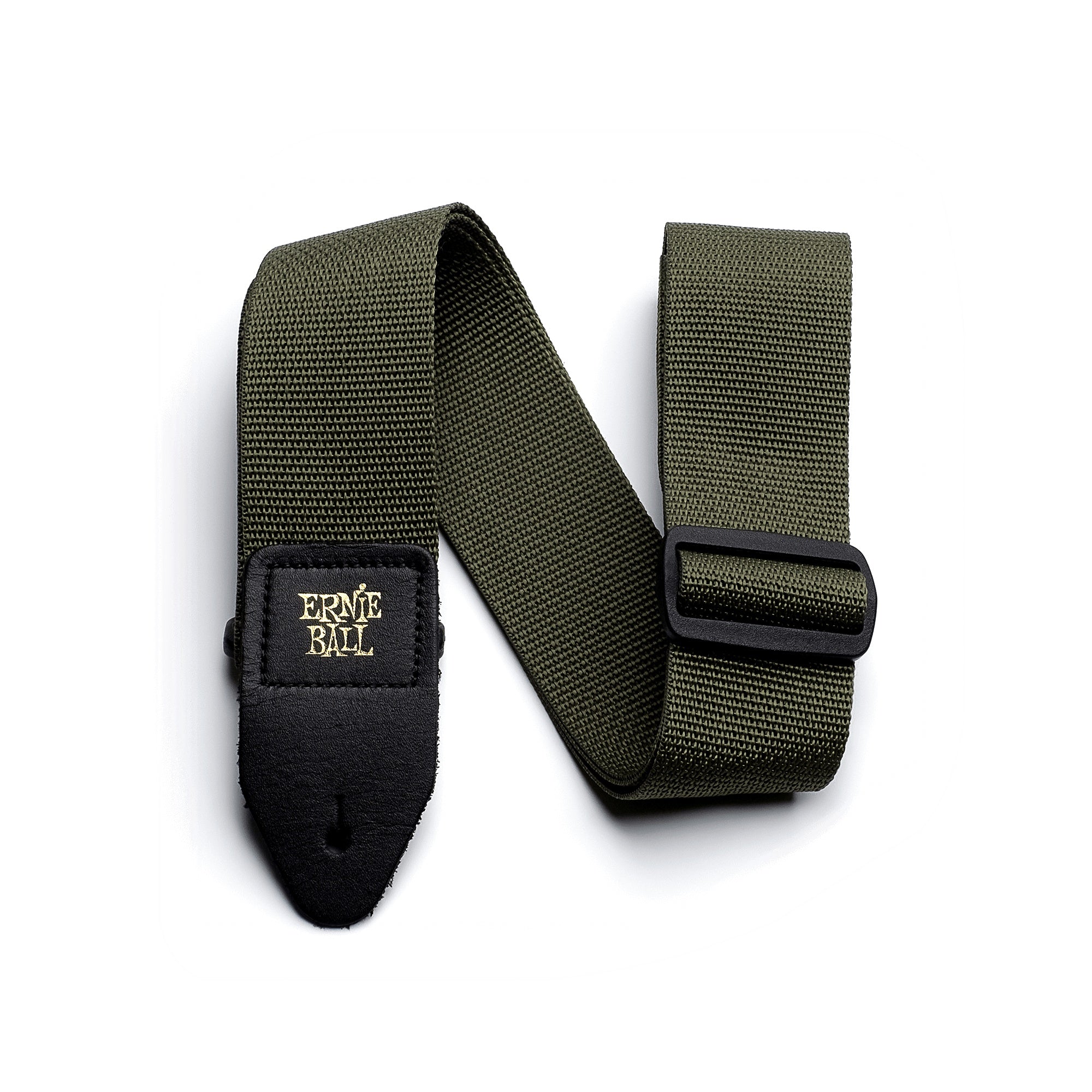 Ernie Ball Polypro guitar strap in olive color, adjustable strap for guitars, with padded ends for comfort.