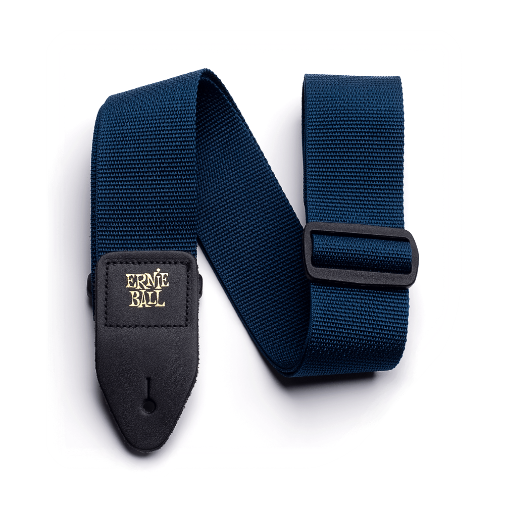 Ernie Ball Polypro guitar strap in navy blue, adjustable strap for electric or acoustic guitars, with reinforced ends and durable design.