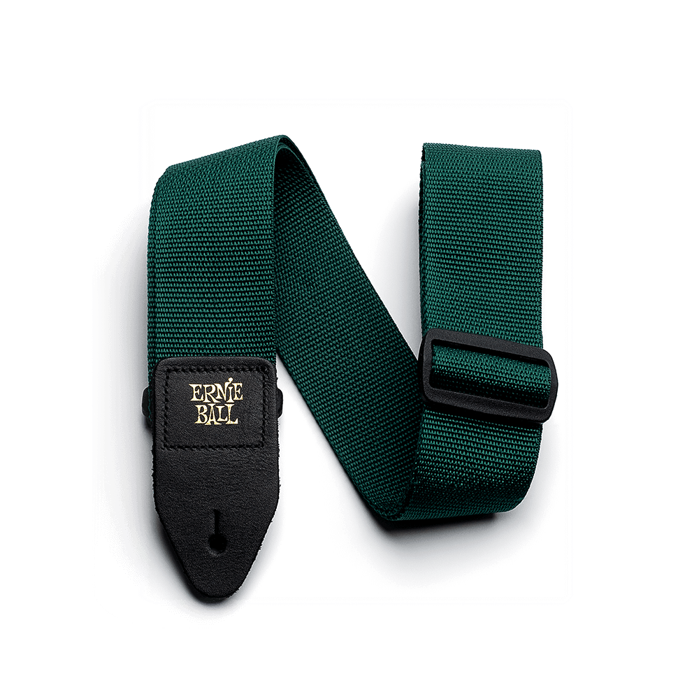 Ernie Ball Polypro guitar strap in forest green with adjustable length and strap ends for secure instrument support.