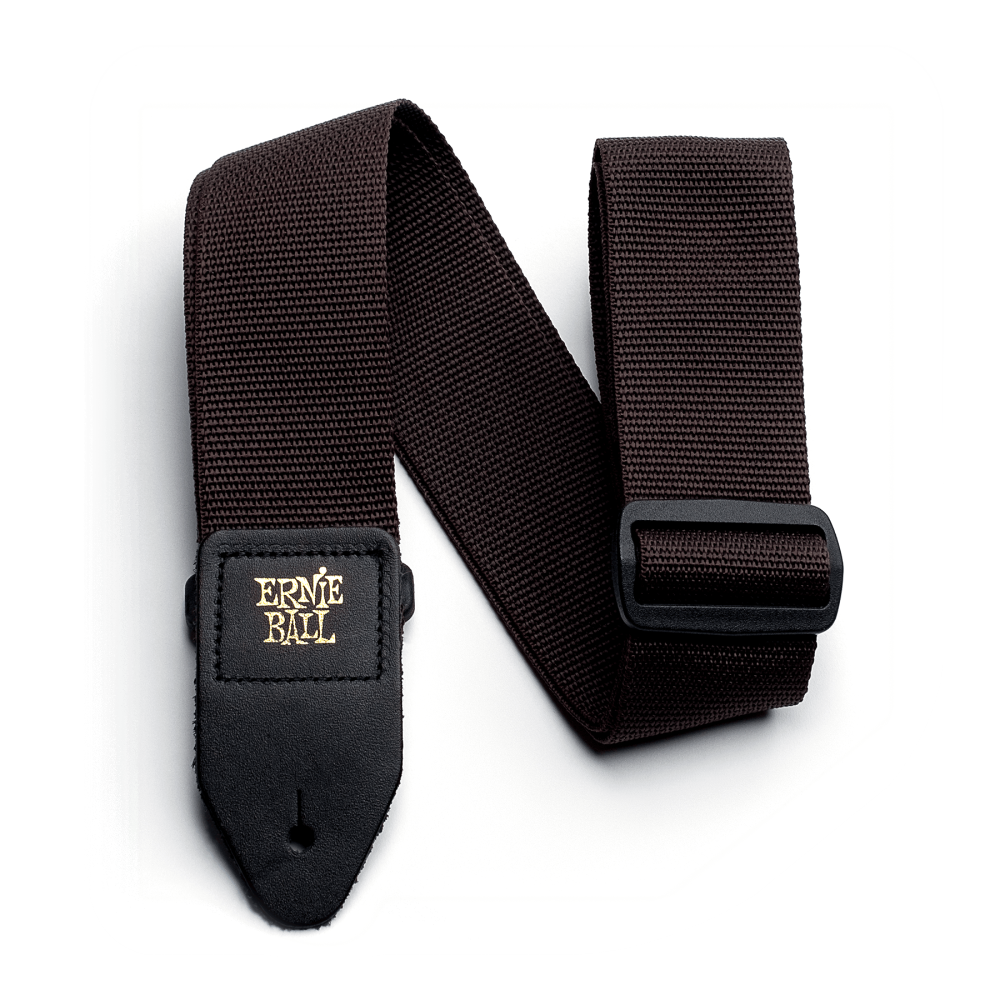 Brown Ernie Ball Polypro guitar strap with adjustable length and reinforced ends, designed for comfortable, secure instrument support.
