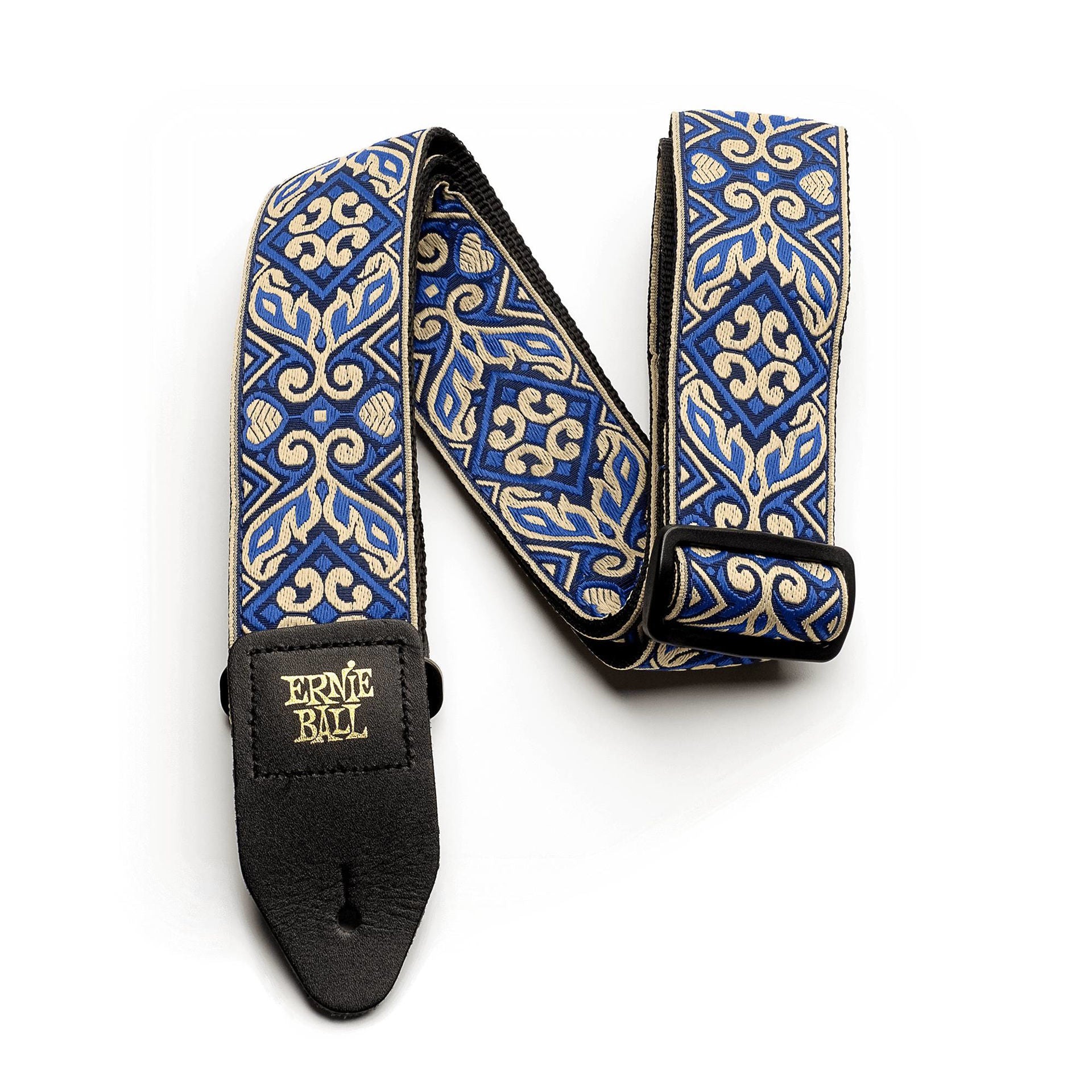 Ernie Ball Tribal Blue Jacquard guitar strap with intricate blue and white woven tribal pattern on durable fabric.