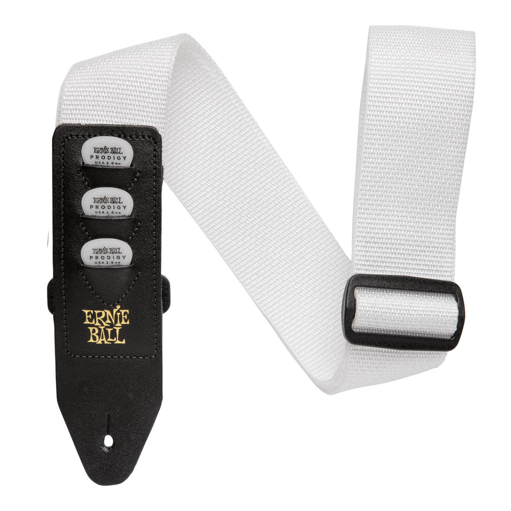 White Ernie Ball 4259 Pickholder guitar strap holding three picks, adjustable strap designed for comfortable guitar playing.