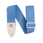 Ernie Ball Polypro guitar strap in soft blue with adjustable length and padded ends for comfortable instrument support.