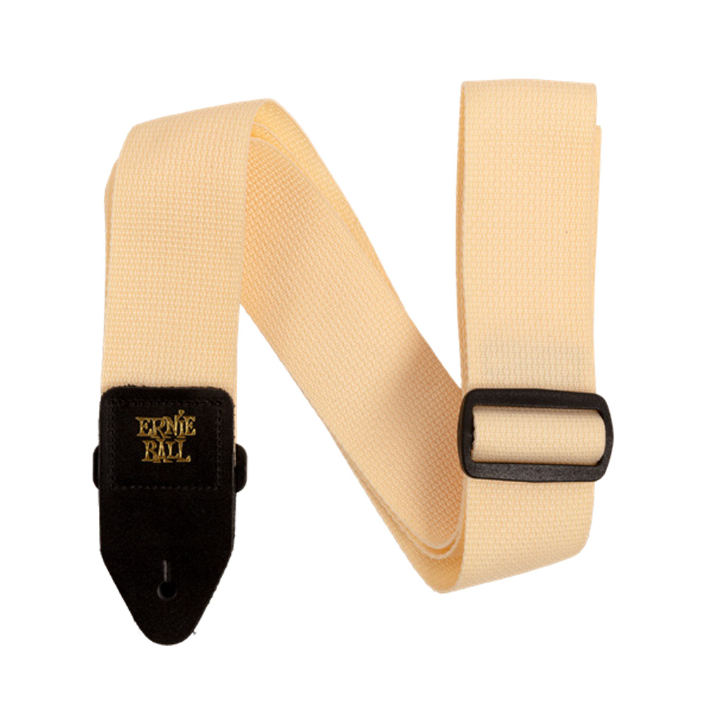 Cream Ernie Ball Polypro guitar strap with adjustable length and reinforced ends, designed for comfortable, secure instrument support.