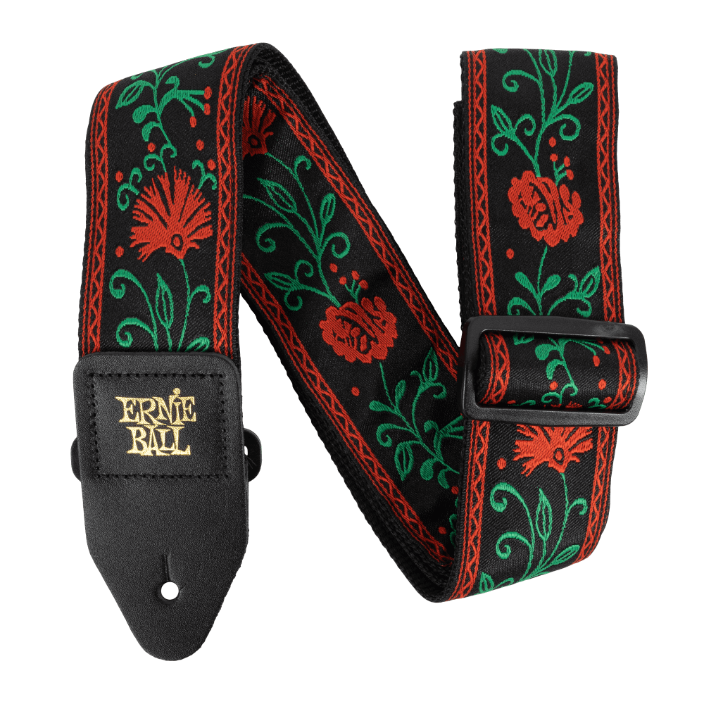 Ernie Ball Classic Jacquard guitar strap with Western Rose pattern, featuring woven design and leather ends for musical instrument support.