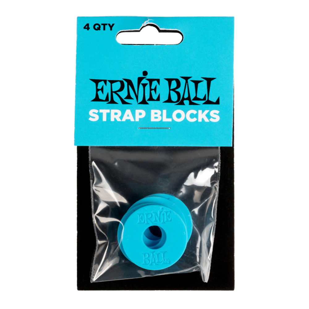Set of four blue Ernie Ball guitar strap blocks, guitar accessories designed to secure straps comfortably.