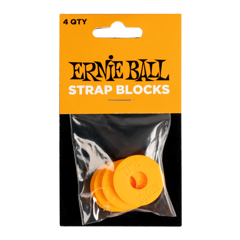 Ernie Ball orange guitar strap blocks in a 4-pack, guitar accessories for secure strap attachment and stability.