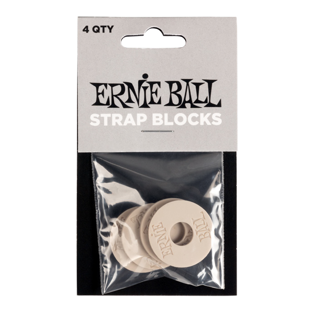Grey Ernie Ball guitar strap blocks, a 4-pack of guitar accessories designed to secure and stabilize guitar straps during playing.