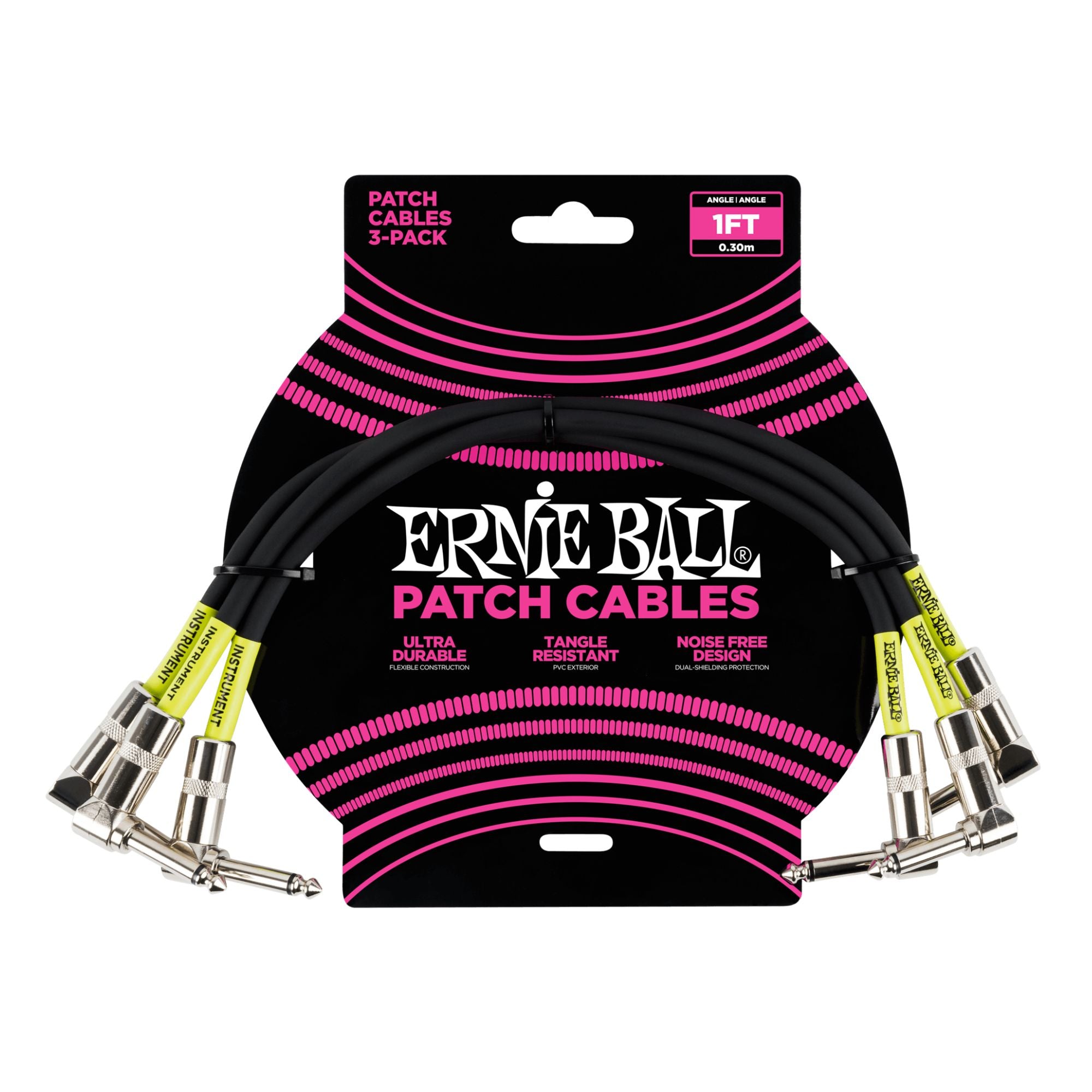 Ernie Ball 30 cm Angle / Angle Patch Cable 3 Pack, Black