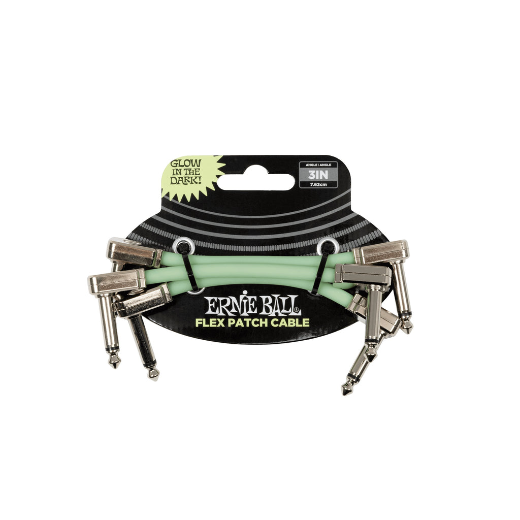 Ernie Ball 3-pack glow-in-the-dark guitar patch cables with durable connectors, ideal for connecting electric guitars and amps.