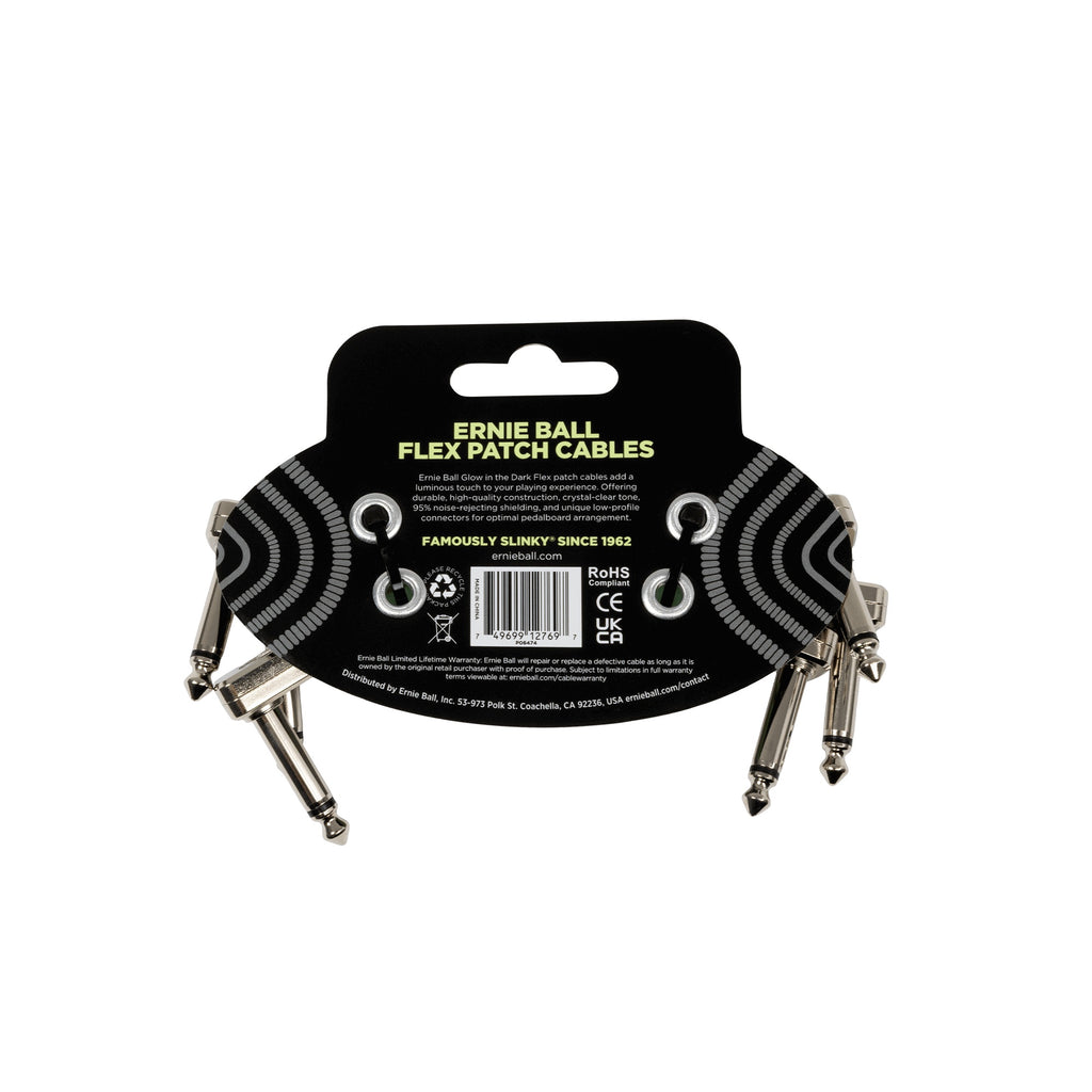 Ernie Ball 3-pack glow-in-the-dark guitar patch cables, flexible leads with illuminated ends for easy connection during performances.