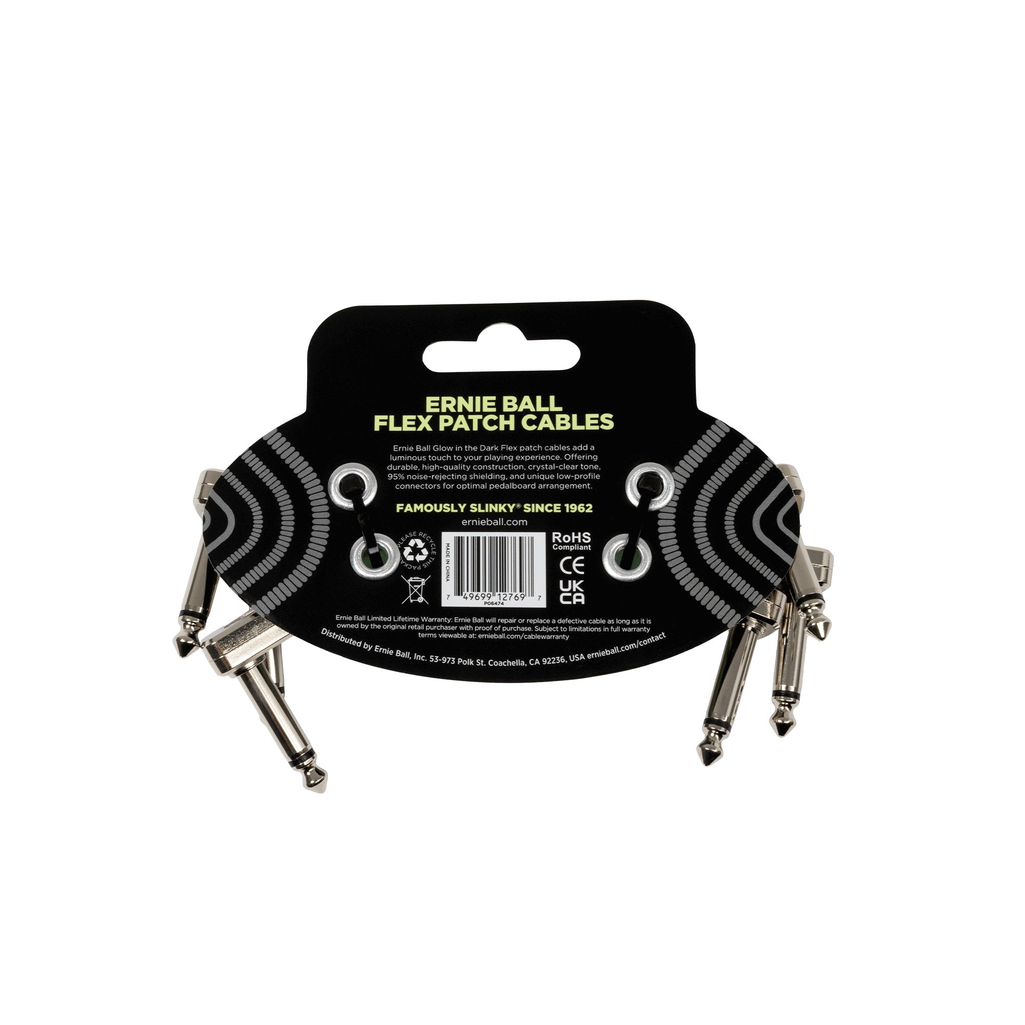 Ernie Ball 3-pack glow-in-the-dark guitar patch cables, flexible leads with illuminated ends for easy connection during performances.
