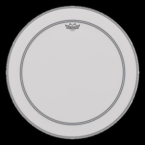 Remo Powerstroke 3 Coated 16-inch drumhead mounted on a drum, showing its textured coated surface for drum kit use.