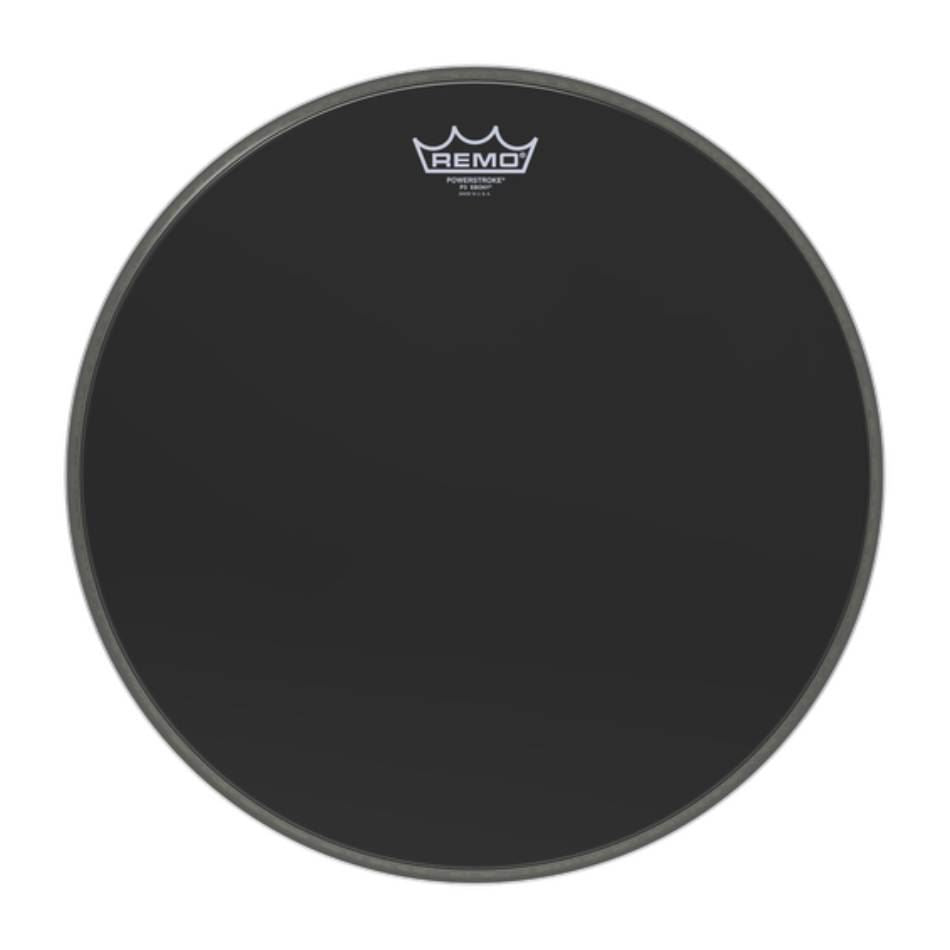 Remo Powerstroke 3 Ebony 16-inch bass drumhead with black Dynamo logo, designed for drum heads and percussion instruments.