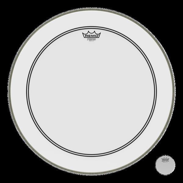 Remo Powerstroke 3 Smooth White 24-inch bass drumhead, durable drum head with a clean white surface for bass drums.
