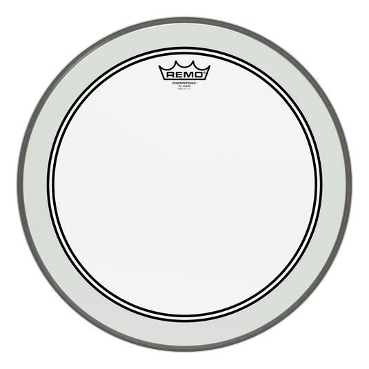 Remo Powerstroke 3 Clear 16-inch bass drumhead with impact patch, drum head for bass drums by Remo, close-up view