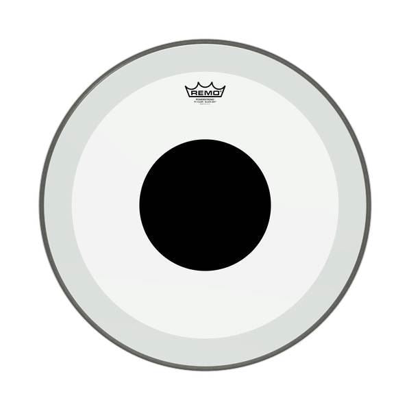 Remo Powerstroke 3 clear 20-inch bass drumhead with black dot, designed for drum heads, showing top view with black dot detail