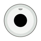 Remo Powerstroke 3 clear 20-inch bass drumhead with black dot, designed for drum heads, showing top view with black dot detail