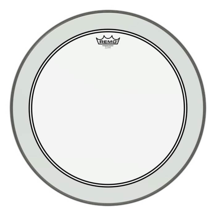 Remo Powerstroke 3 clear 20-inch bass drumhead, durable drum head for bass drums, shown on a drum kit.