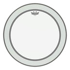 Remo Powerstroke 3 clear 20-inch bass drumhead, durable drum head for bass drums, shown on a drum kit.