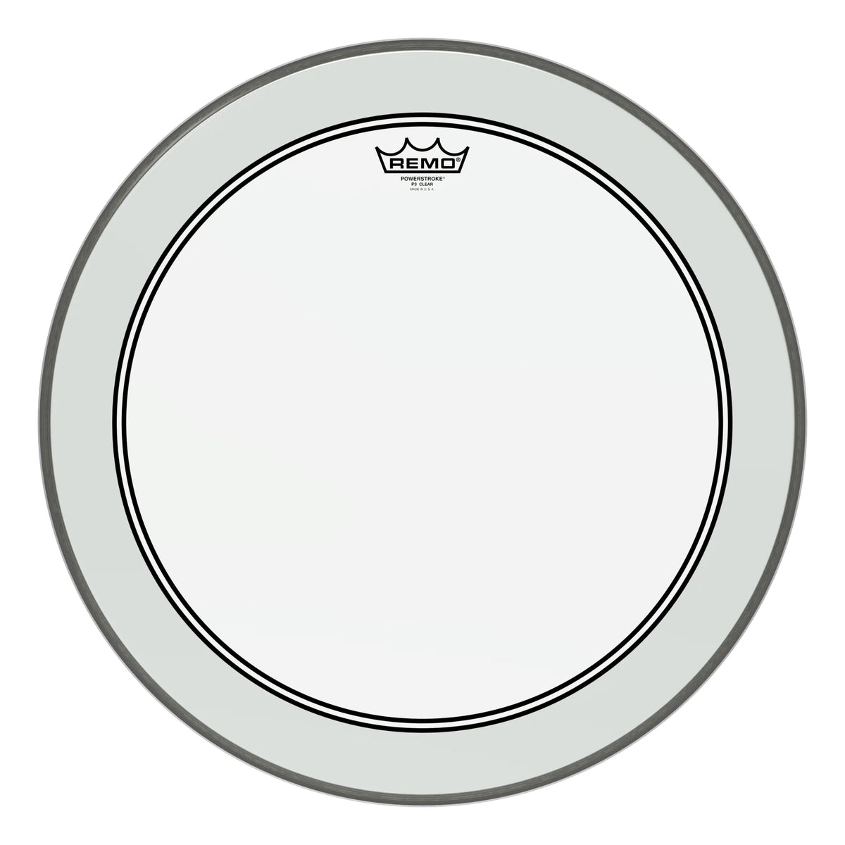Remo Powerstroke 3 Clear 22-inch bass drumhead, drum head with a smooth transparent surface, designed for bass drums.