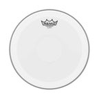 Remo Powerstroke 4 coated 13-inch drumhead with clear dot, designed for drum kits, showcasing the drumhead's surface and branding.