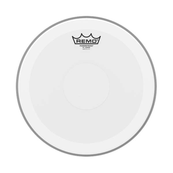 Remo Powerstroke 4 coated 13-inch drumhead with clear dot, designed for drum kits, showcasing the drumhead's surface and branding.