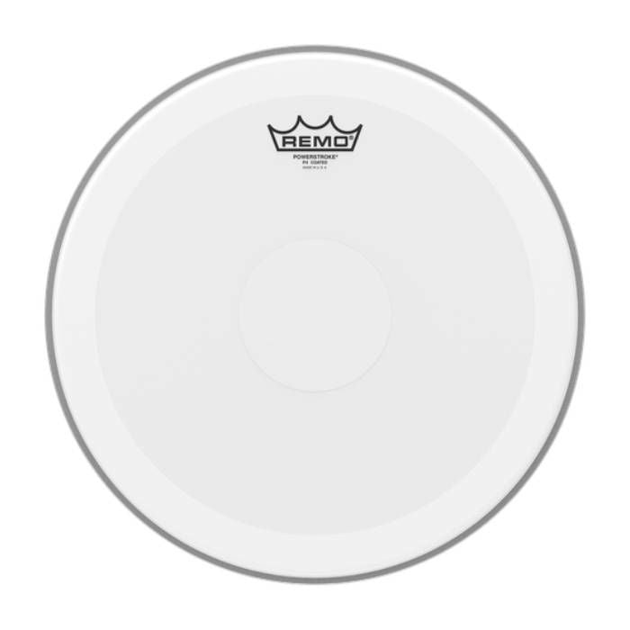 Remo Powerstroke 4 coated clear dot 14-inch drumhead for drums, showing the drumhead with clear coating and branding.