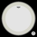 Remo Powerstroke 4 Clear 18-inch drumhead on a drum, showing the durable, transparent surface designed for high-quality sound.