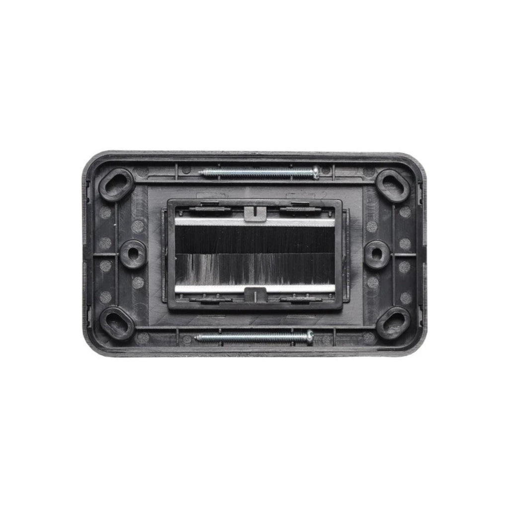 Dynalink flat black brush wallplate with multiple project ports, designed for electrical and data cable connections.