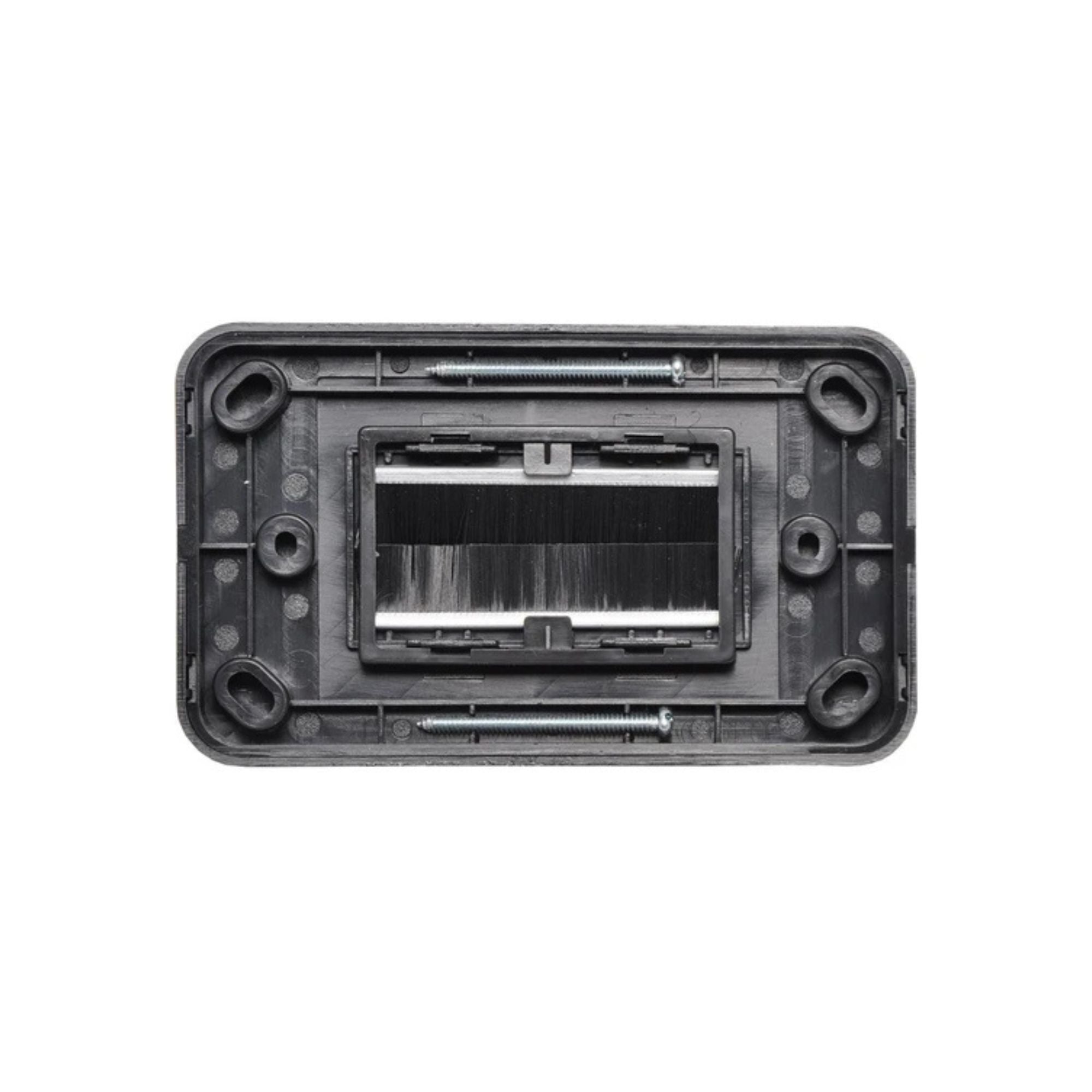 Dynalink flat black brush wallplate with multiple project ports, designed for electrical and data cable connections.