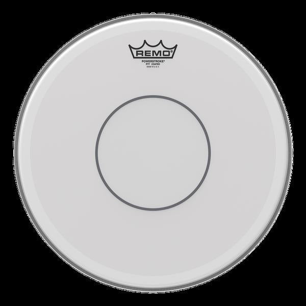 Remo Powerstroke 77 coated 12-inch drumhead showing its textured surface and branding on a drumhead for percussion instruments.