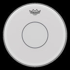 Remo Powerstroke 77 coated 12-inch drumhead showing its textured surface and branding on a drumhead for percussion instruments.