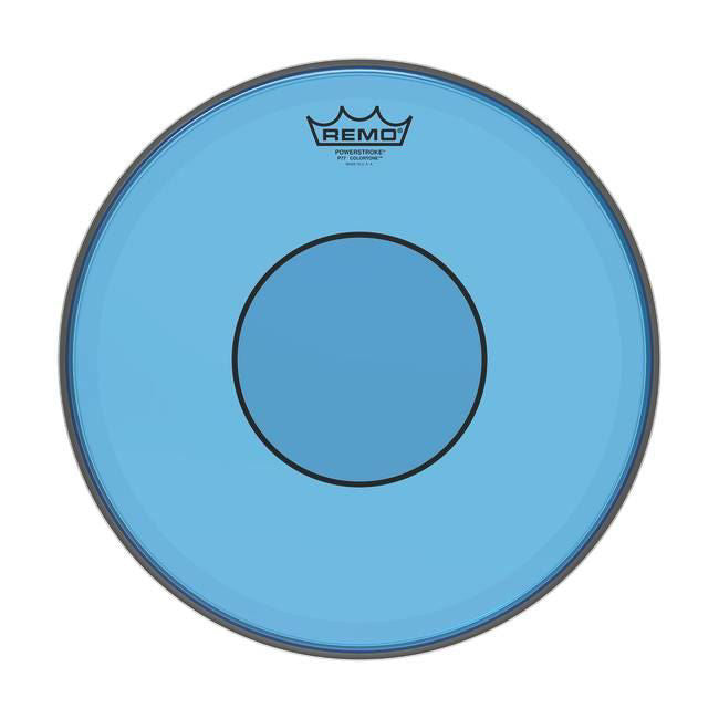 Blue Remo Colortone P77 14-inch drumhead with vibrant color and clear branding, designed for drum set use.