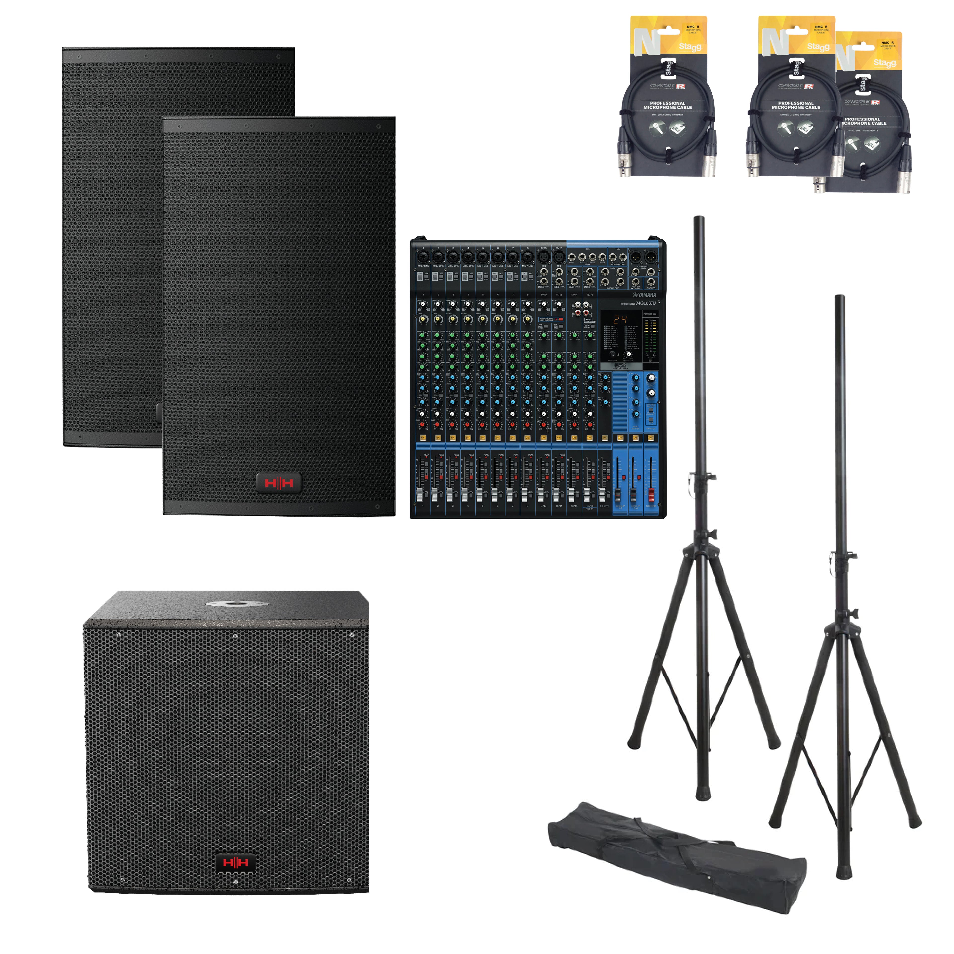 Silver Pack Mega Music package PA system with speakers, microphones, and audio equipment for professional sound setup.