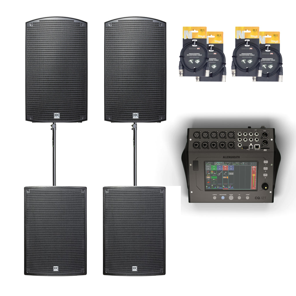 Gold Pack package PA system by Mega Music featuring multiple speakers and audio equipment for professional sound setup.