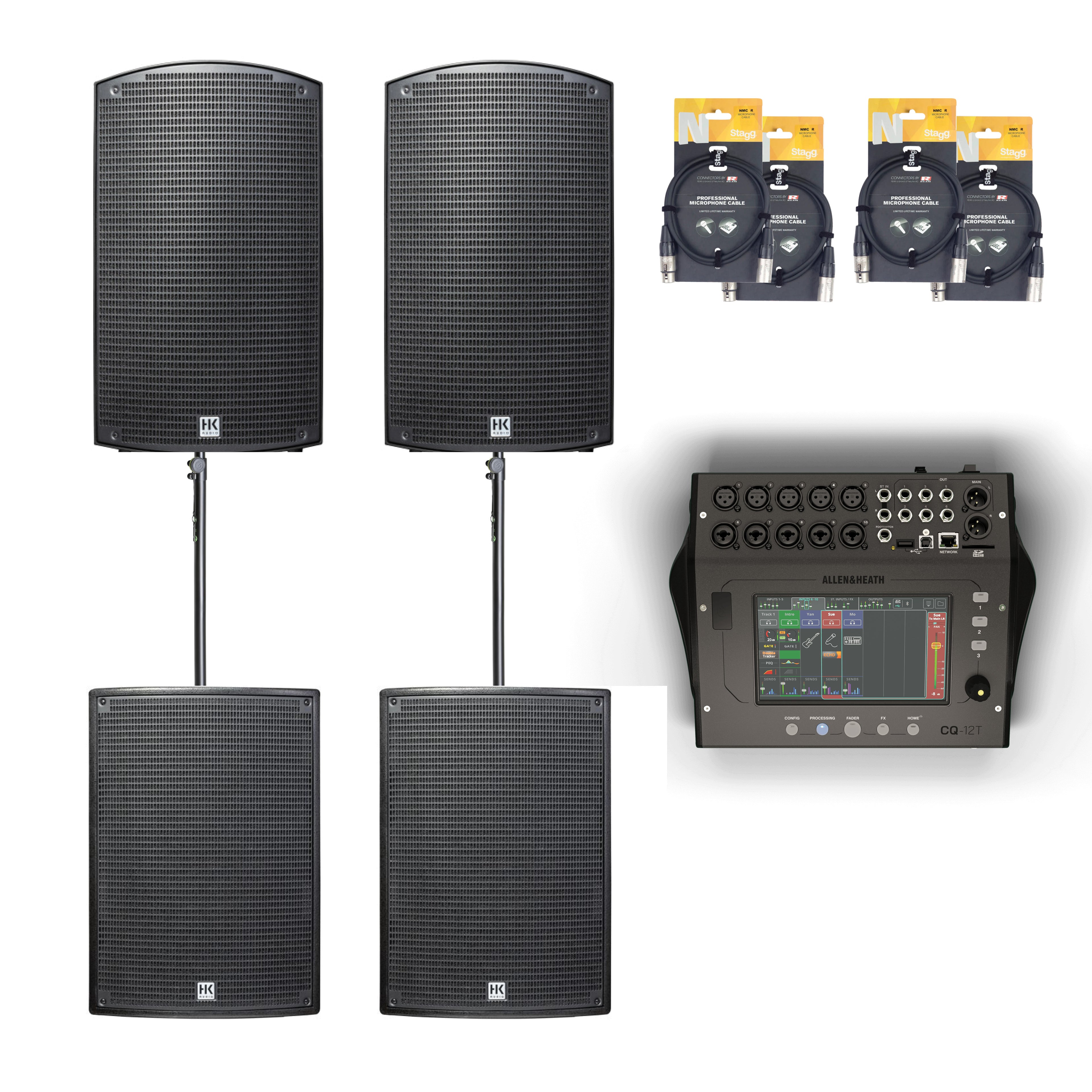 Gold Pack package PA system by Mega Music with multiple speakers and audio equipment for professional sound reinforcement.