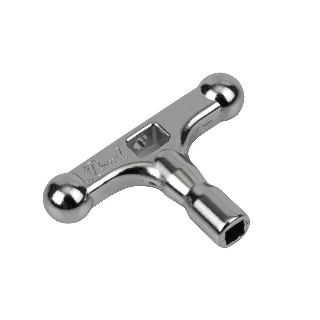 Pearl Pearl K-080 drum tuning key attached to drum hardware for tuning and adjustments. Durable metal construction.