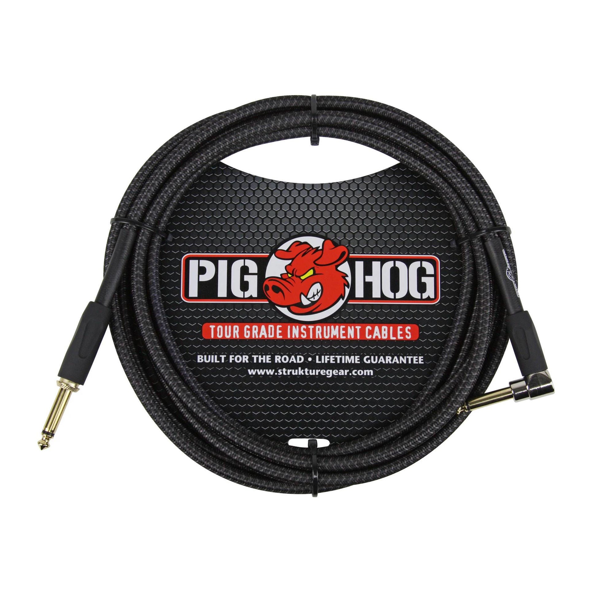 Black 10ft Pig Hog guitar instrument cable with right-angle connector and woven black outer layer.