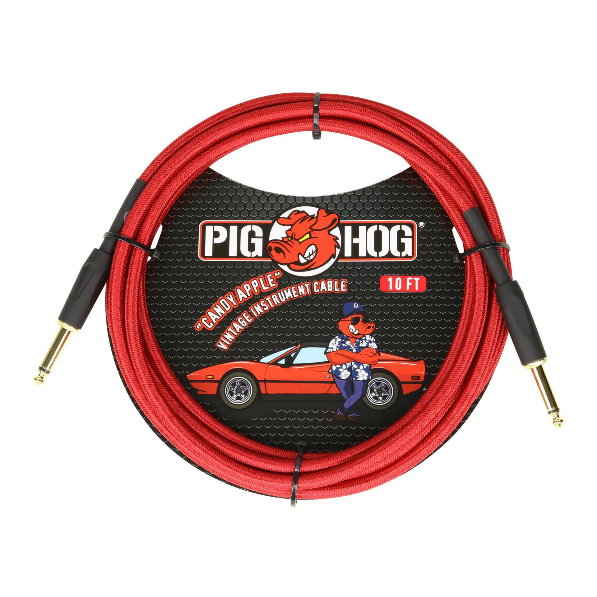 Pig Hog 10ft Candy Apple Red guitar instrument cable, high-quality lead for electric guitars, with durable connectors and vibrant color.
