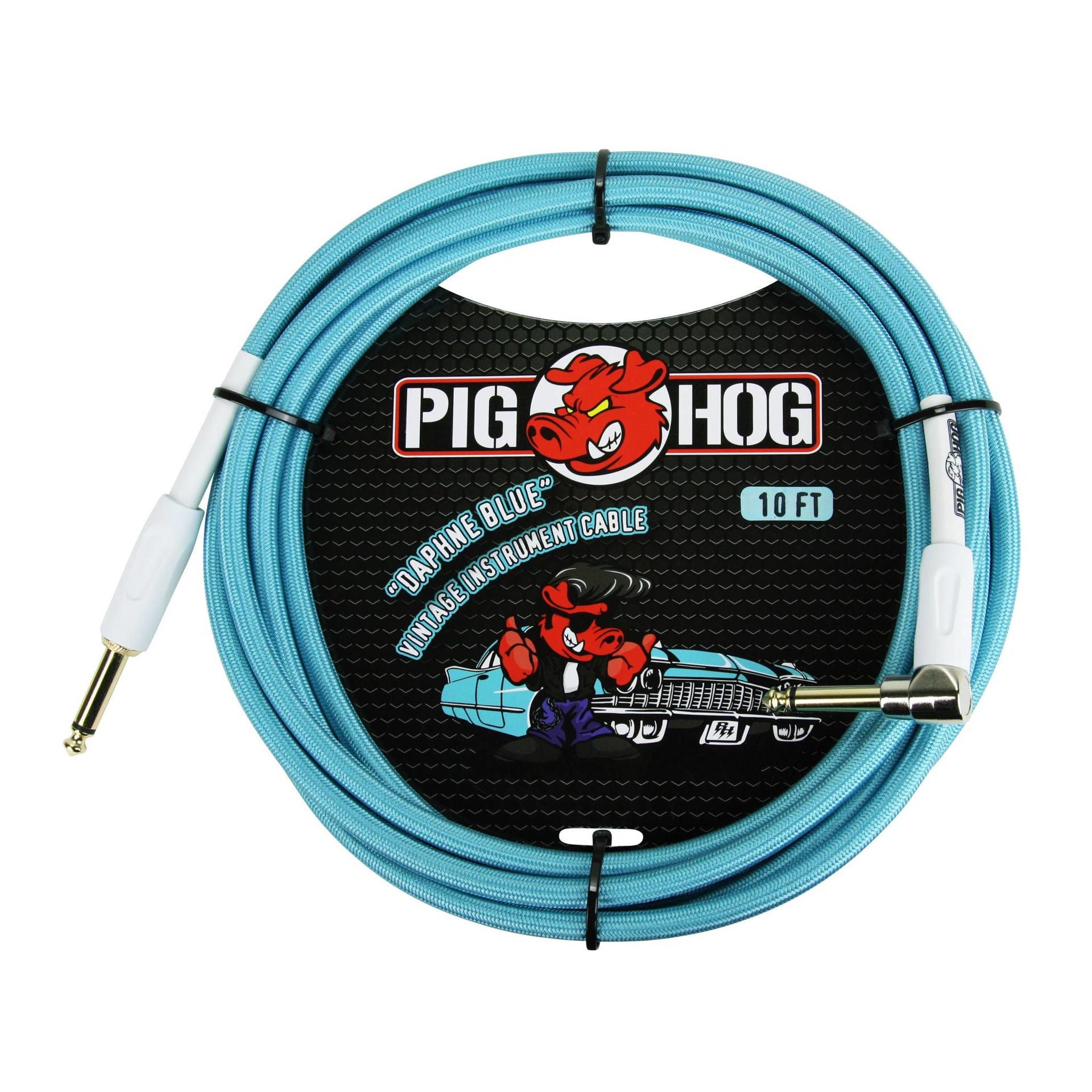 Pig Hog 10ft Daphne Blue right angle guitar instrument cable, high-quality lead for electric guitars, with durable construction.