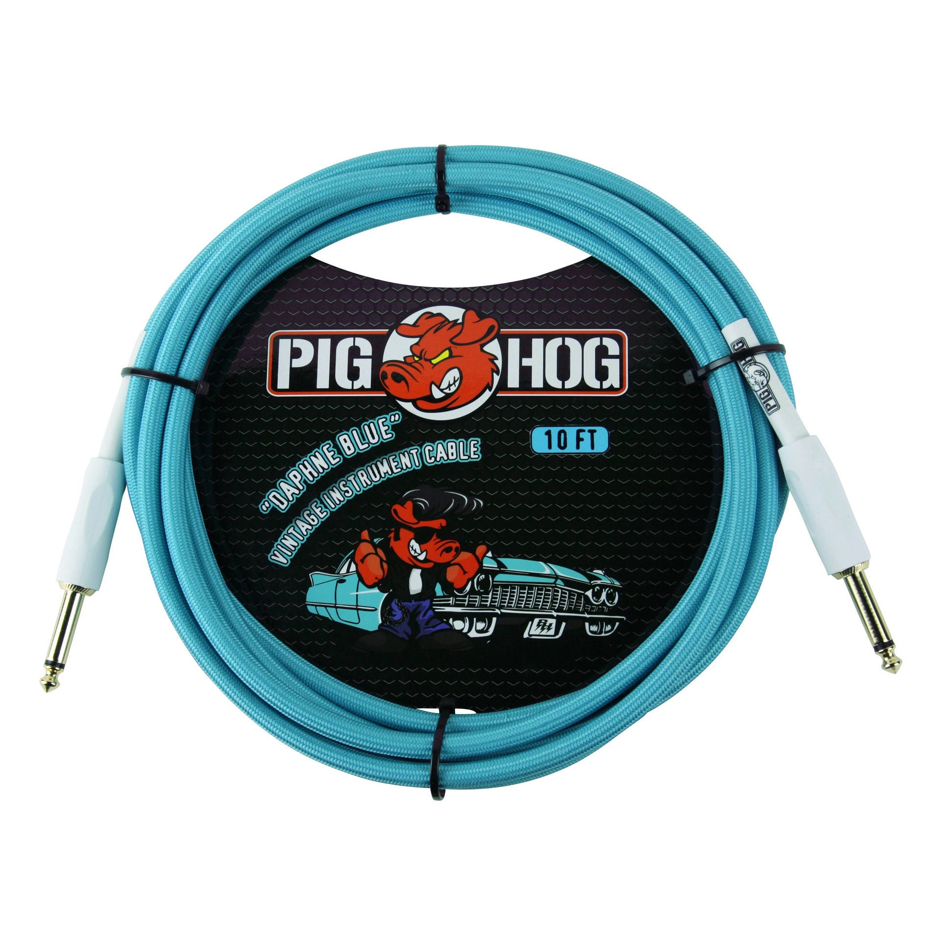 Pig Hog 10ft Daphne Blue guitar instrument cable, high-quality Pig Hog lead with durable connectors and vibrant blue color.