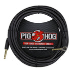 Black 20ft Pig Hog right angle instrument cable for guitars with woven design, ideal for professional audio setups.