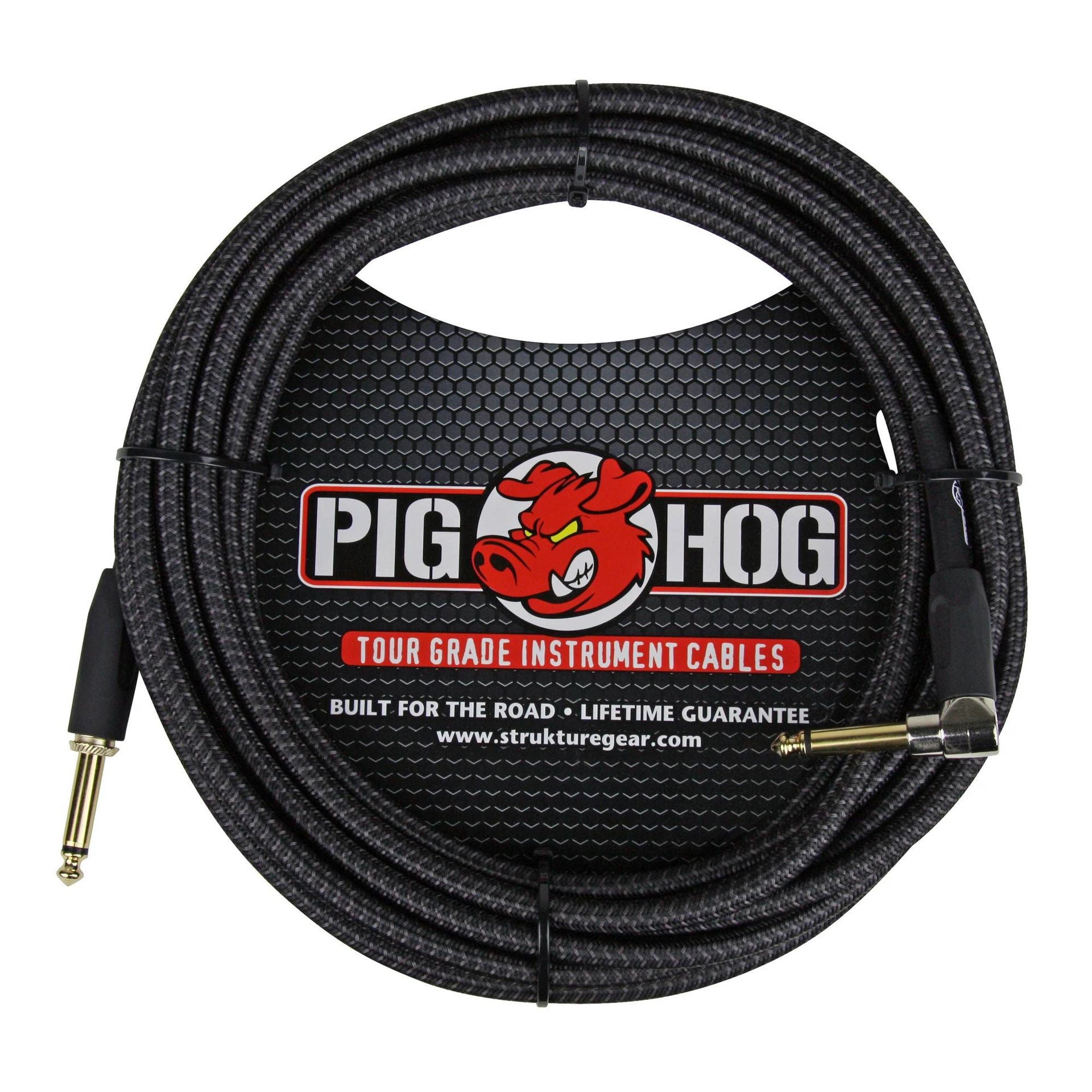 Black 20ft Pig Hog right angle instrument cable for guitars with woven design, ideal for professional audio setups.