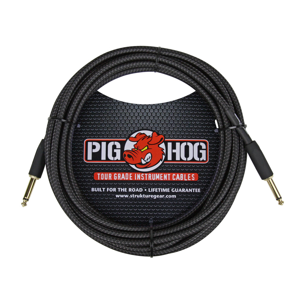 20-foot black woven Pig Hog guitar instrument cable with durable connectors and flexible design, ideal for musicians.