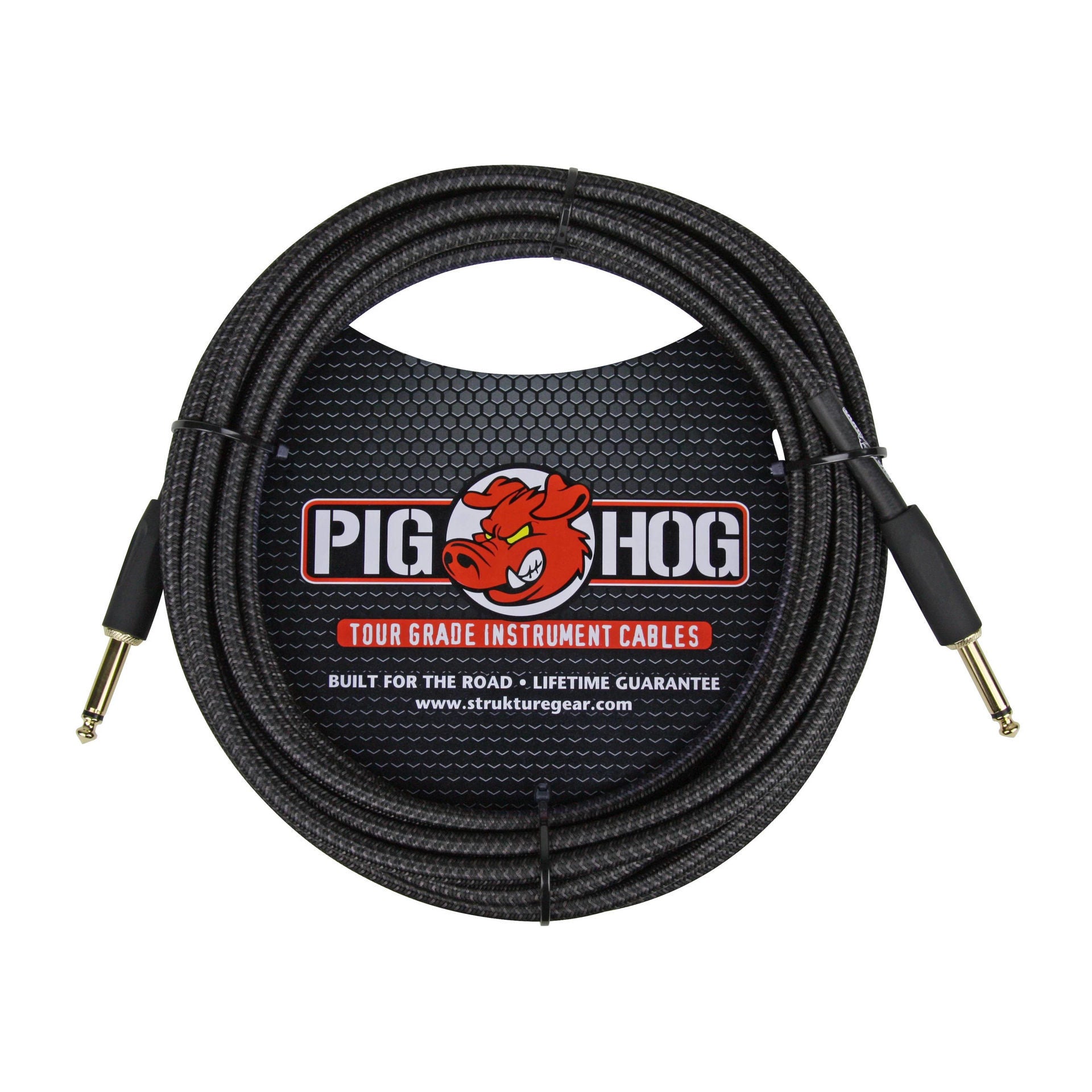 20-foot black woven Pig Hog guitar instrument cable with durable connectors and flexible design, ideal for musicians.