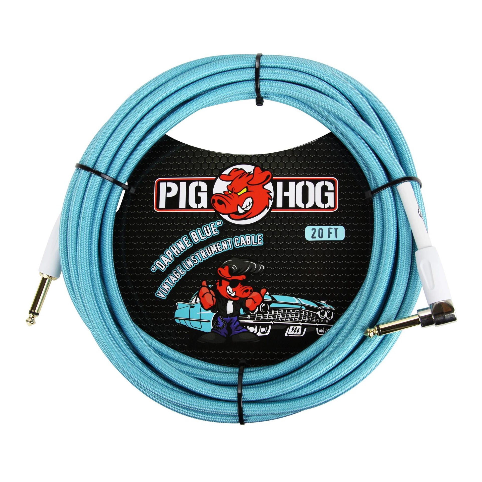 Pig Hog 20ft Daphne Blue right angle guitar instrument cable, high-quality lead with durable connectors and flexible design.