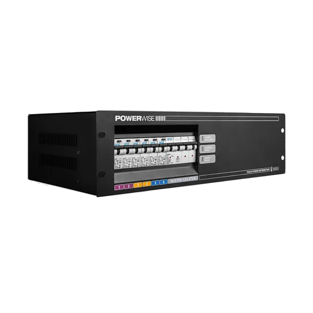 Powerwise 3-phase 6 x 20A circuit breaker panel with Power Amps display, 3RU rack-mounted electrical equipment.